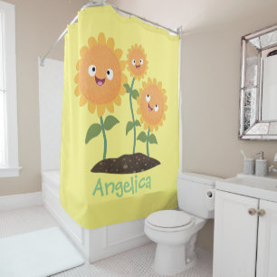 Cute happy sunflowers smiling cartoon illustration shower curtain
