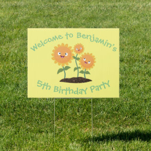 Cute happy sunflowers smiling cartoon illustration sign