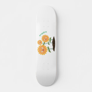 Cute happy sunflowers smiling cartoon illustration skateboard