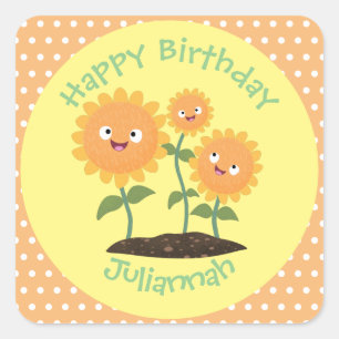Cute happy sunflowers smiling cartoon illustration square sticker