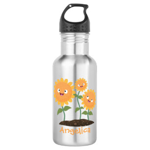 Cute happy sunflowers smiling cartoon illustration stainless steel water bottle