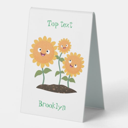 Cute happy sunflowers smiling cartoon illustration table tent sign