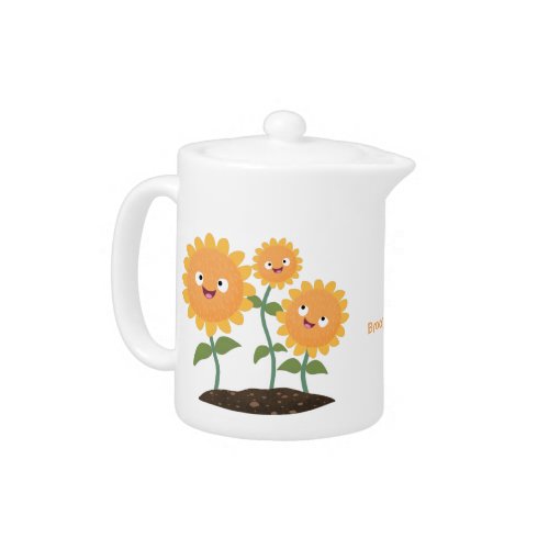 Cute happy sunflowers smiling cartoon illustration teapot