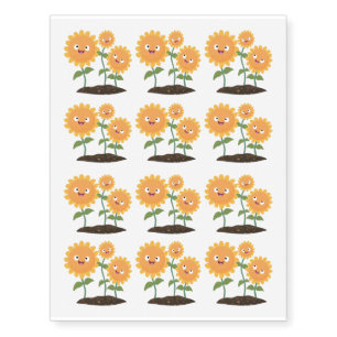 Cute happy sunflowers smiling cartoon illustration temporary tattoos