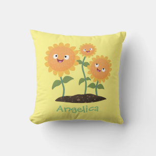 Cute happy sunflowers smiling cartoon illustration throw pillow