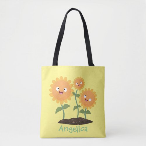 Cute happy sunflowers smiling cartoon illustration tote bag