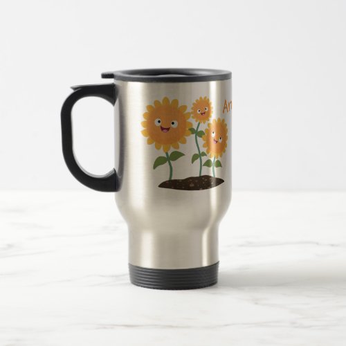Cute happy sunflowers smiling cartoon illustration travel mug