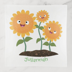 Cute happy sunflowers smiling cartoon illustration trinket tray
