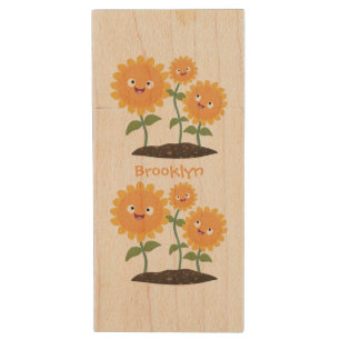 Cute happy sunflowers smiling cartoon illustration wood flash drive
