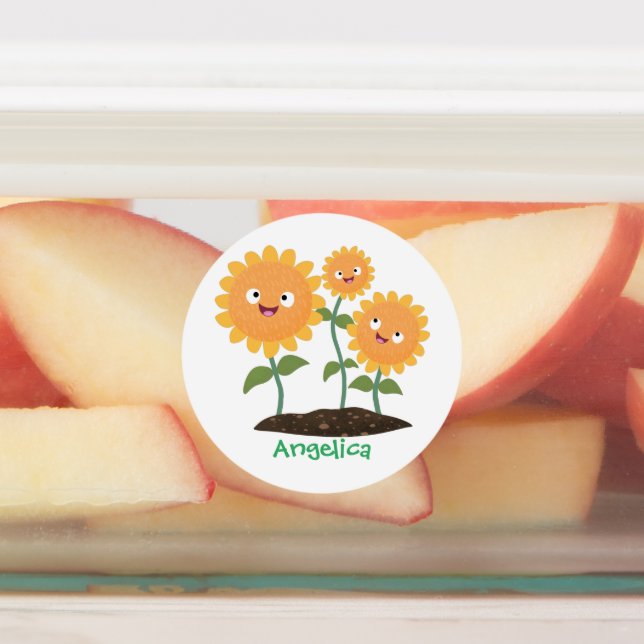 Cute happy sunflowers smiling cartoon labels (Affixed)