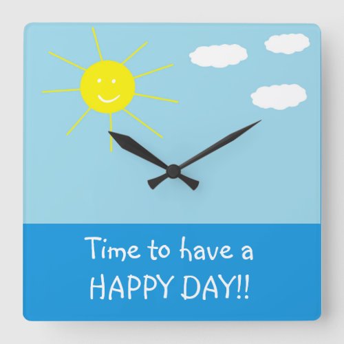 Cute Happy Sunny Day Drawing Blue Square Wall Clock