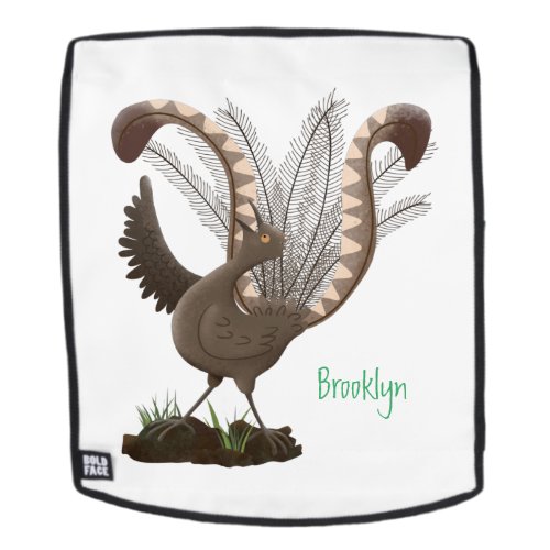 Cute happy superb lyrebird cartoon illustration backpack