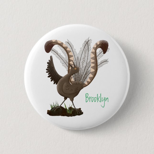 Cute happy superb lyrebird cartoon illustration button (Front)