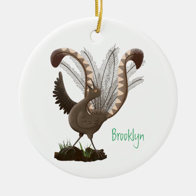 Cute happy superb lyrebird cartoon illustration ceramic ornament (Front)