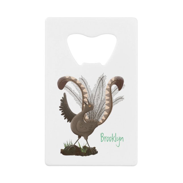 Cute happy superb lyrebird cartoon illustration  credit card bottle opener (Front)