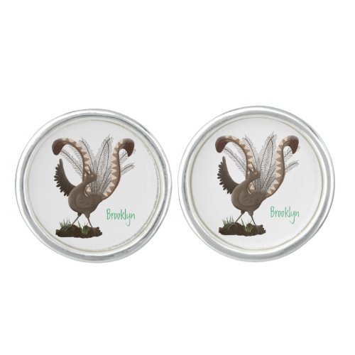 Cute happy superb lyrebird cartoon illustration  cufflinks