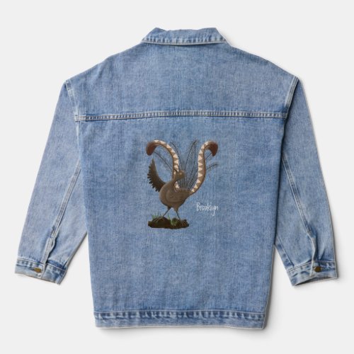 Cute happy superb lyrebird cartoon illustration denim jacket