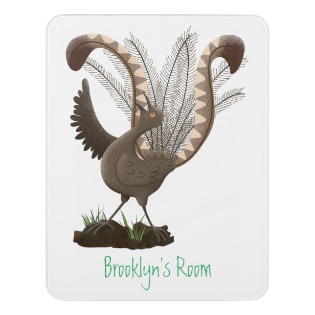 Cute happy superb lyrebird cartoon illustration  door sign (Contemporary Vert)