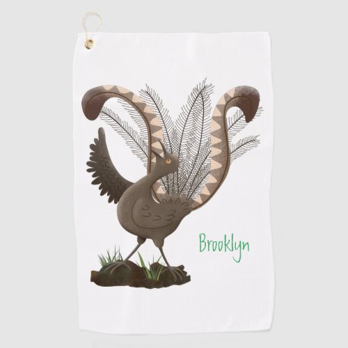 Cute happy superb lyrebird cartoon illustration  golf towel