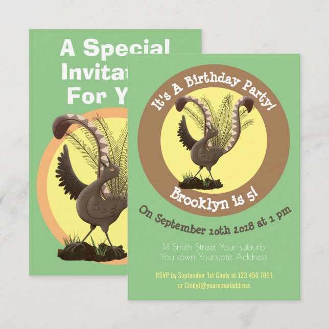 Cute happy superb lyrebird cartoon illustration  i invitation (Front/Back)