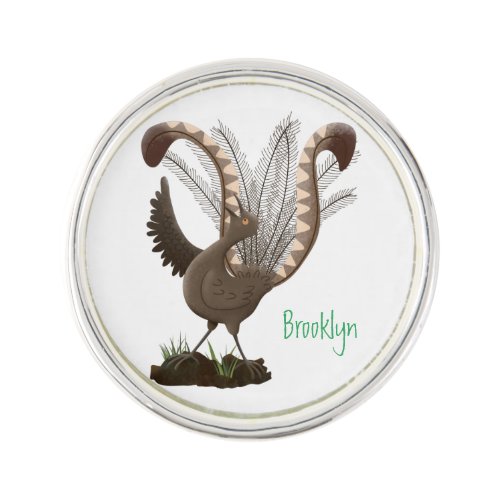 Cute happy superb lyrebird cartoon illustration lapel pin