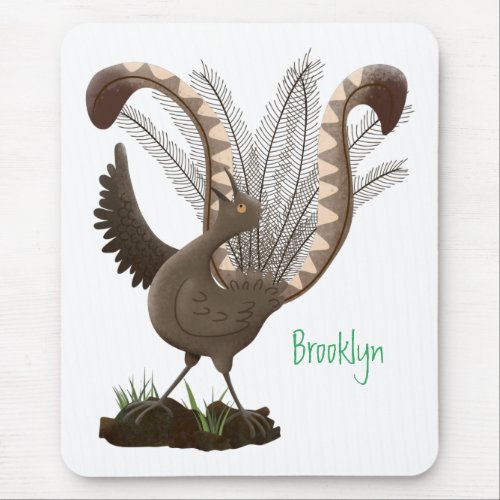 Cute happy superb lyrebird cartoon illustration mouse pad