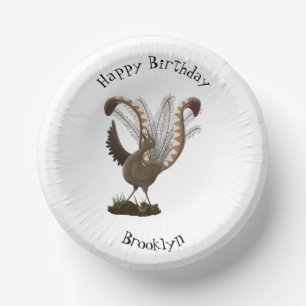 Cute happy superb lyrebird cartoon illustration  paper bowls