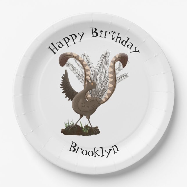 Cute happy superb lyrebird cartoon illustration  paper plates (Front)