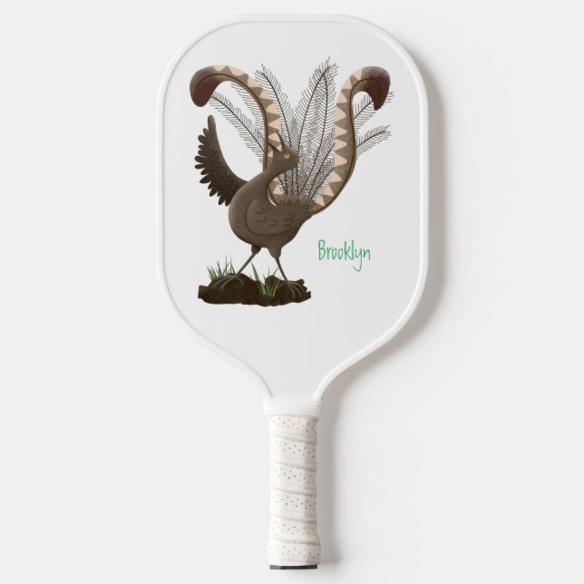 Cute happy superb lyrebird cartoon illustration  pickleball paddle (Front)