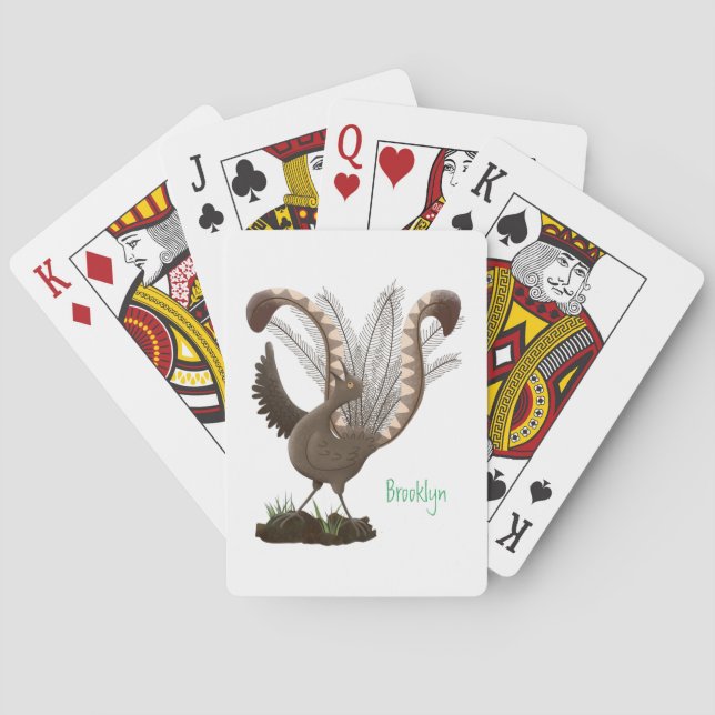 Cute happy superb lyrebird cartoon illustration poker cards (Back)