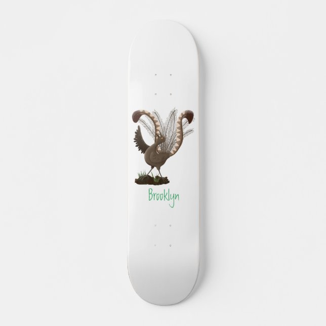 Cute happy superb lyrebird cartoon illustration skateboard (Front)