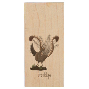 Cute happy superb lyrebird cartoon illustration  wood flash drive