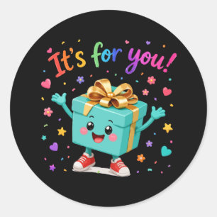 Cute Happy Teal Gift Box Surprise Classic Round Sticker