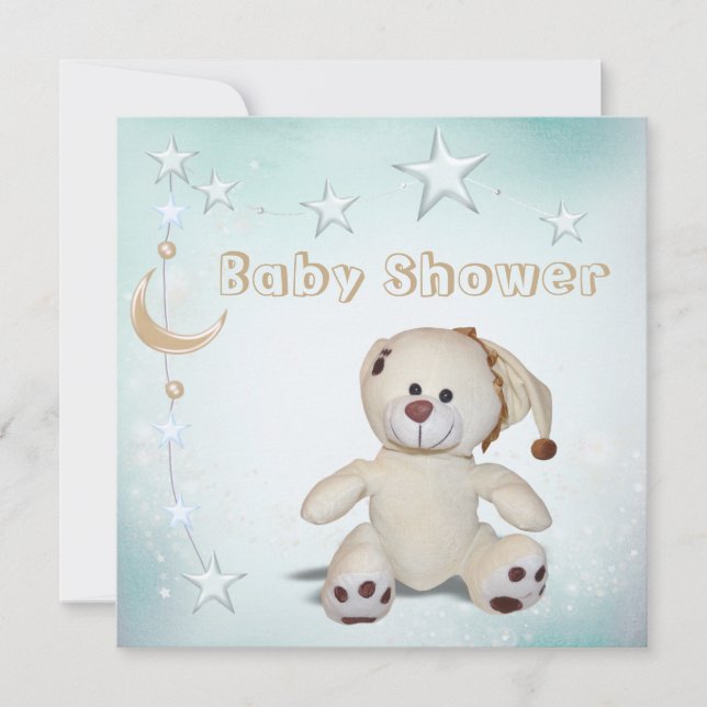 Cute Happy Teddy, Moon & Stars Baby Shower Invitation (Front)