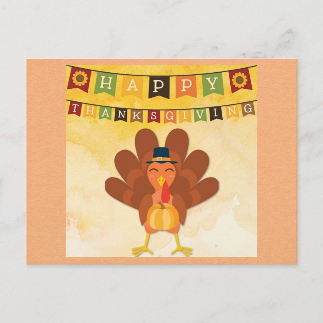Cute Happy Thanksgiving Cartoon Turkey Postcard (Front)