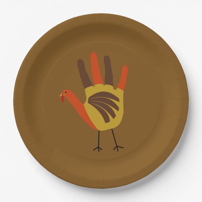 Cute Happy Thanksgiving Hand Print Turkey Gobble Paper Plates (Front)