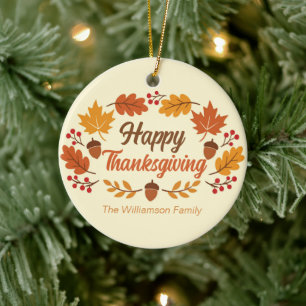 Cute Happy Thanksgiving Leaf Wreath Personalized Ceramic Ornament