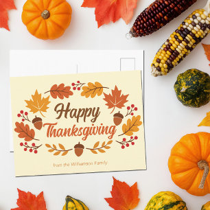 Cute Happy Thanksgiving Leaf Wreath Personalized Holiday Postcard