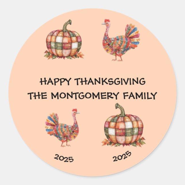 Cute Happy Thanksgiving Personalized Classic Round Sticker (Front)