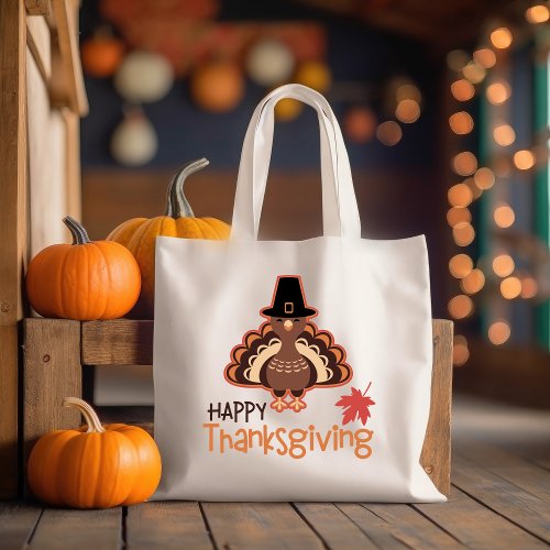 Cute Happy Thanksgiving Pilgrim Turkey Tote Bag
