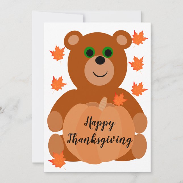 Cute Happy Thanksgiving Teddy Bear Pumpkin Leaves  Holiday Card (Front)