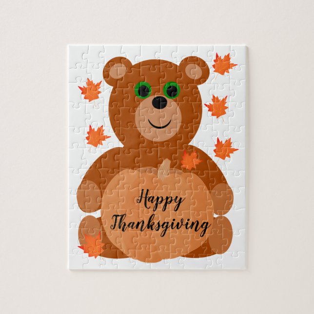 Cute Happy Thanksgiving Teddy Bear Pumpkin Leaves  Jigsaw Puzzle (Vertical)