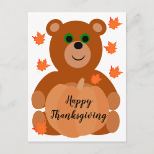 Cute Happy Thanksgiving Teddy Bear Pumpkin Leaves Postcard