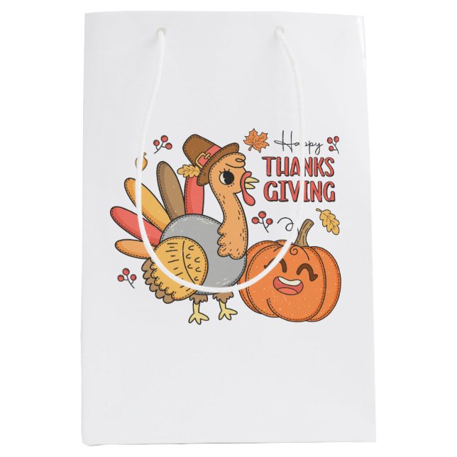 Cute Happy Thanksgiving Turkey Pumpkin Medium Gift Bag (Front)
