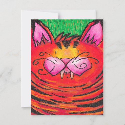 Cute Happy Tiger Cat in Oil Pastel on Green Postcard