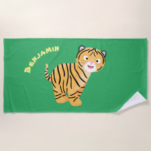 Cute happy tiger cub cartoon beach towel