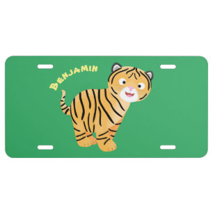 Cute happy tiger cub cartoon license plate