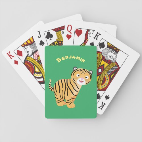 Cute  happy tiger cub cartoon playing cards