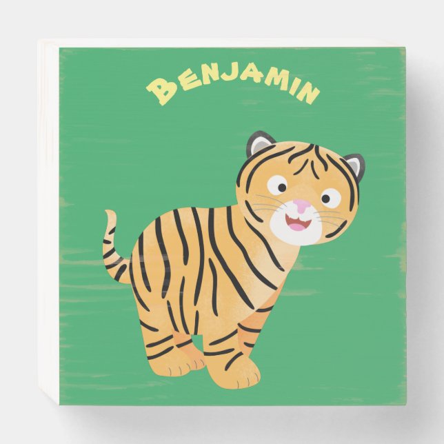 Cute  happy tiger cub cartoon wooden box sign (Front Horizontal)