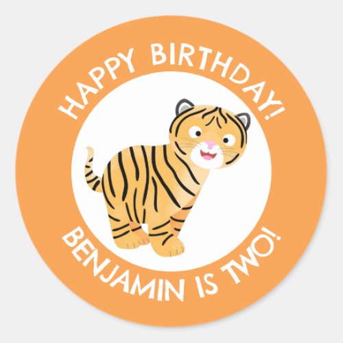 Cute happy tiger cub personalized cartoon birthday classic round sticker